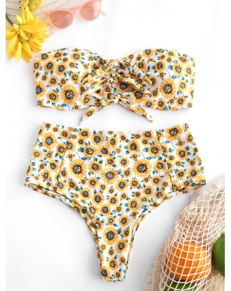 Sunflower Print Tie Front High Rise Swimwear Swimsuit - Xl