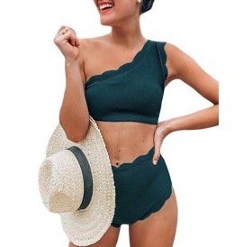 One Shoulder Textured Scalloped Swimwear Swimsuit - L