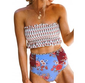 Floral Frilled Smocked Tube Swimwear Swimsuit - L