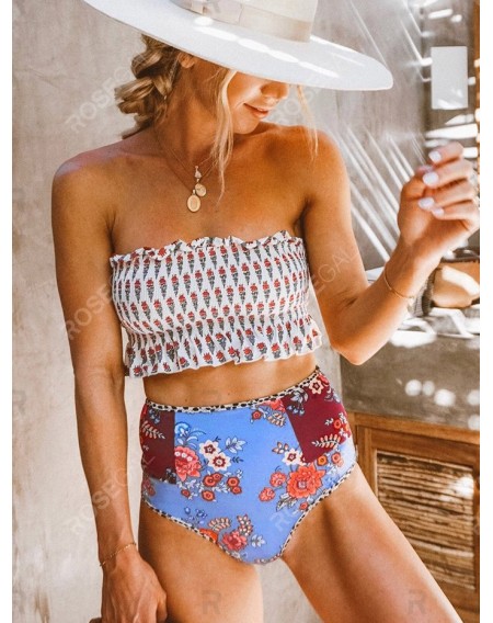 Floral Frilled Smocked Tube Swimwear Swimsuit - L