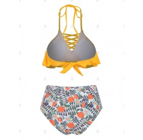 Lattice Flounce Plant Print Ruched Swimwear Swimsuit - Xl