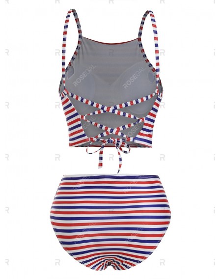 Multi Striped Lace-up High Neck Swimwear Swimsuit - M