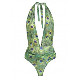Feather Print Plunging Neck Swimsuit - Xl