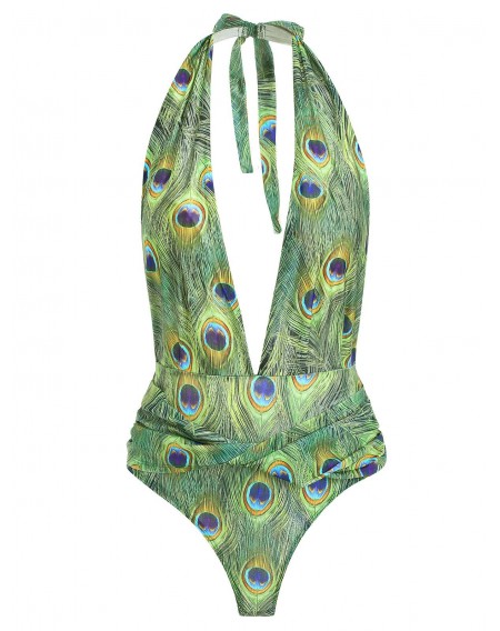 Feather Print Plunging Neck Swimsuit - Xl