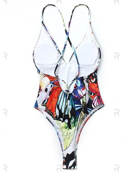 Butterfly Print Criss Cross Swimwear - M