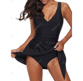 Plunge Skirted One-Piece Swimsuit - L