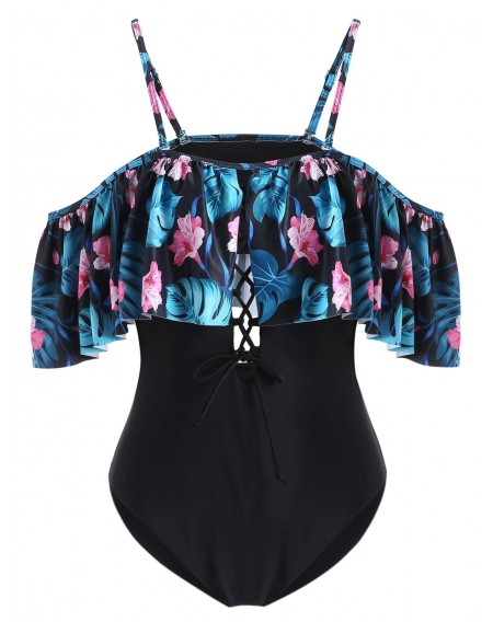 Flower Lace Up Cold Shoulder Swimsuit - 2xl