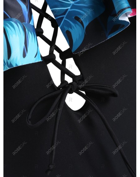 Flower Lace Up Cold Shoulder Swimsuit - 2xl