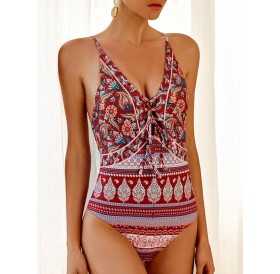 Ethnic Floral Lace-up Swimsuit - Xl