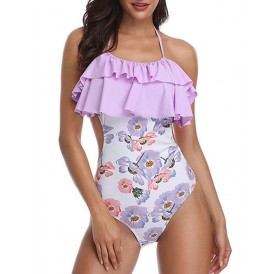Floral Print Knotted Back Halter Swimsuit - S
