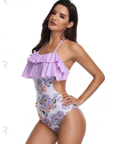 Floral Print Knotted Back Halter Swimsuit - S