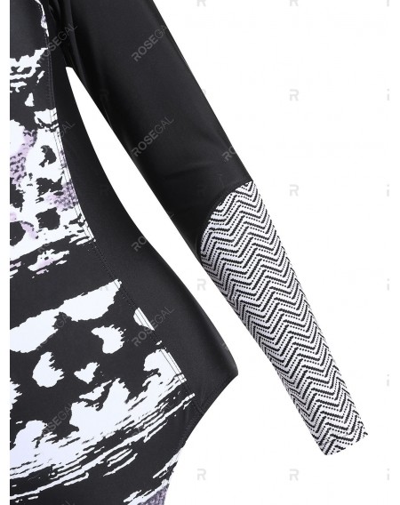 Long Sleeve Printed Half Zipper One-piece Swimwear - L