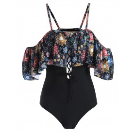 Flower Lace Up Open Shoulder Swimsuit - 2xl