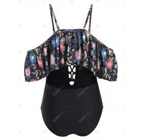 Flower Lace Up Open Shoulder Swimsuit - 2xl