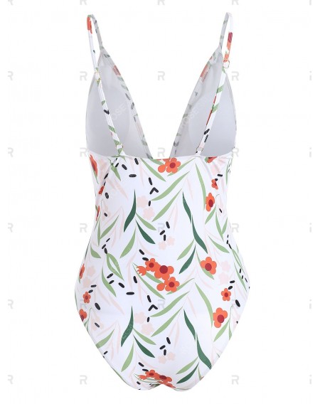 Floral Print Plunge Padded One-Piece Swimsuit - M