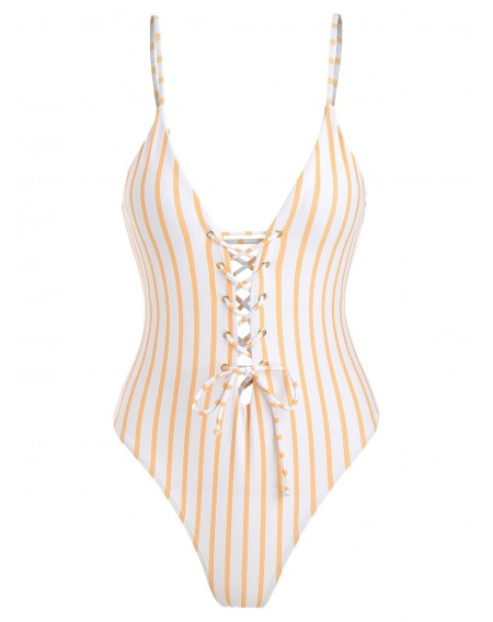 Striped Lace Up One-piece Swimwear - L