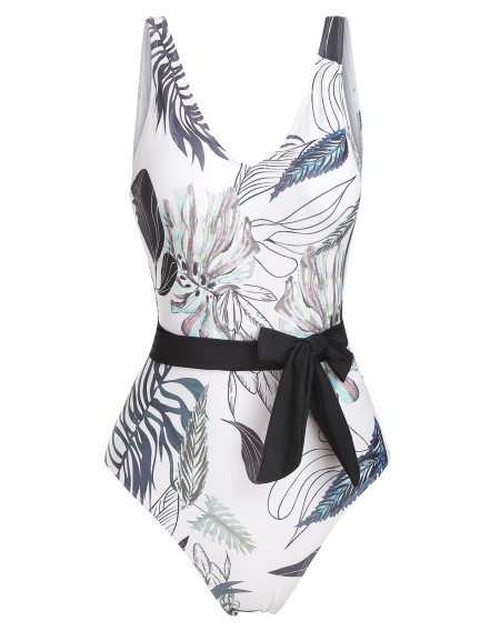 Leaf Print Belted One-Piece Swimsuit - S