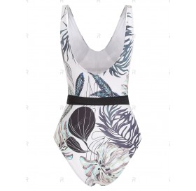 Leaf Print Belted One-Piece Swimsuit - S