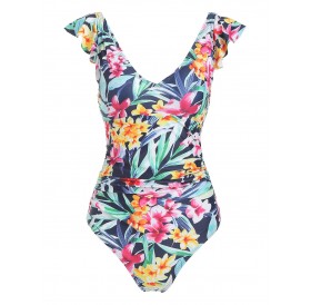 Floral Print Ruffle Strap One-Piece Swimsuit - S