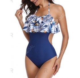 Coconut Leaves Print Halter Tiered Swimsuit - L