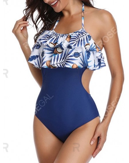 Coconut Leaves Print Halter Tiered Swimsuit - L