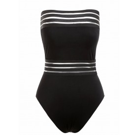 Strapless Sheer Striped High Leg Swimsuit - L