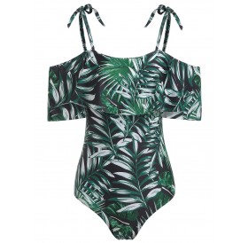 Leaves Print Cold Shoulder Ruffle Swimsuit - M