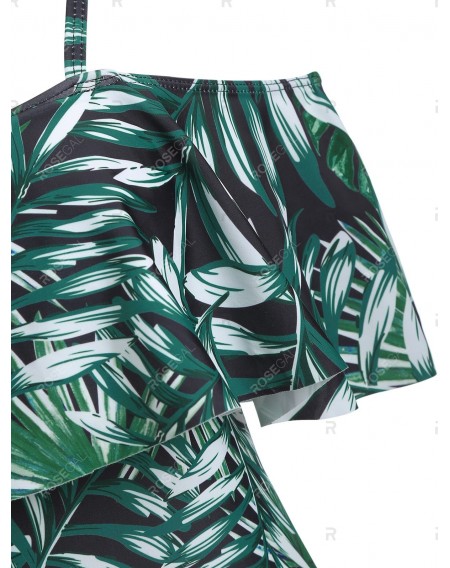 Leaves Print Cold Shoulder Ruffle Swimsuit - M