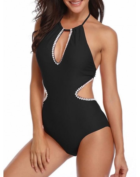 Cut Out Crochet Trim Knotted Swimsuit - S
