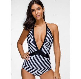 Halter Low Cut Backless Zigzag One-piece Swimsuit - S