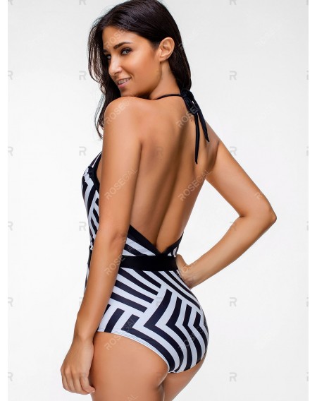 Halter Low Cut Backless Zigzag One-piece Swimsuit - S