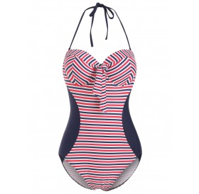 Striped Underwire Halter Knot Swimsuit - L