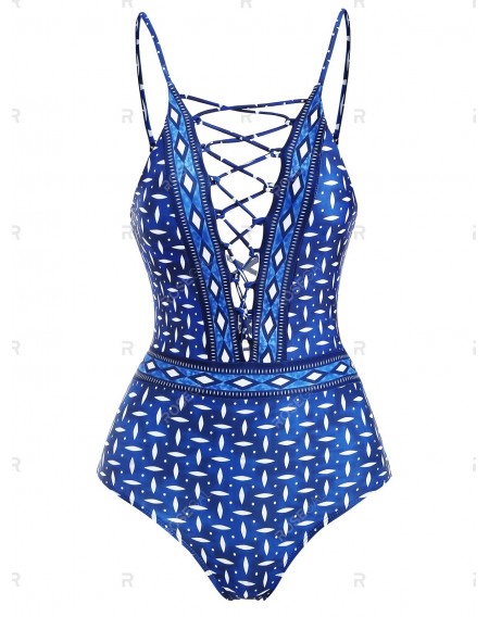 Lace Up Criss Cross Geometric One-piece Swimsuit - S