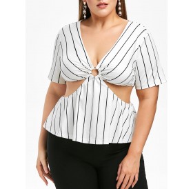 Rosegal Plus Size Striped Plunge Hollow Out Tee - 2x