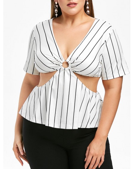 Rosegal Plus Size Striped Plunge Hollow Out Tee - 2x