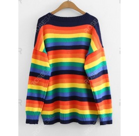 Plus Size Crew Neck Rainbow Striped Sweater - One Size