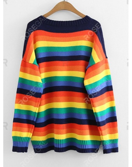 Plus Size Crew Neck Rainbow Striped Sweater - One Size