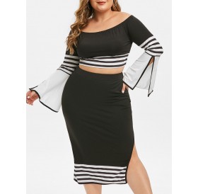Plus Size Off The Shoulder Stripe High Slit Two Piece Dress - 2x