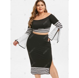 Plus Size Off The Shoulder Stripe High Slit Two Piece Dress - 2x