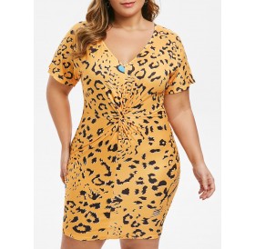 Plus Size Twist Front Leopard Bodycon Dress - 5x
