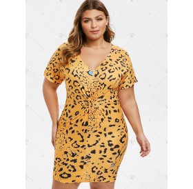 Plus Size Twist Front Leopard Bodycon Dress - 5x