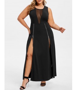 Plus Size Zippered High Slit Sheer Mesh Maxi Dress - 3x