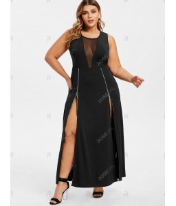 Plus Size Zippered High Slit Sheer Mesh Maxi Dress - 3x