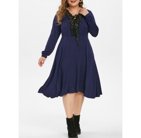 Plus Size Lace Crochet Lacing Midi A Line Dress - 3x