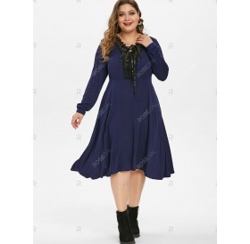 Plus Size Lace Crochet Lacing Midi A Line Dress - 3x