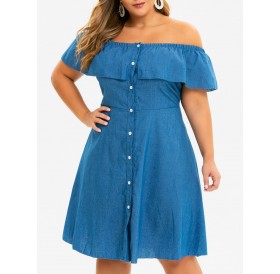 Plus Size Flounce Chambray Off The Shoulder Dress - 1x
