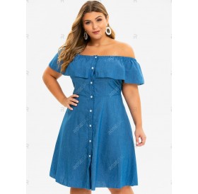Plus Size Flounce Chambray Off The Shoulder Dress - 1x