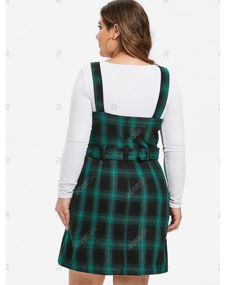 Plus Size Buckle Straps Plaid Mini Overall Dress - 1x
