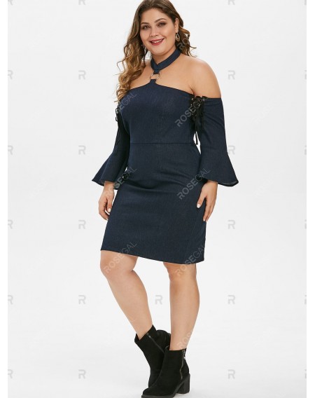 Plus Size Bell Sleeve Lace Up Denim Bodycon Dress - 3x