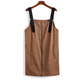 Plus Size Metal Eyelet Zipper Wide Strap Pocket Pinafore Dress - L